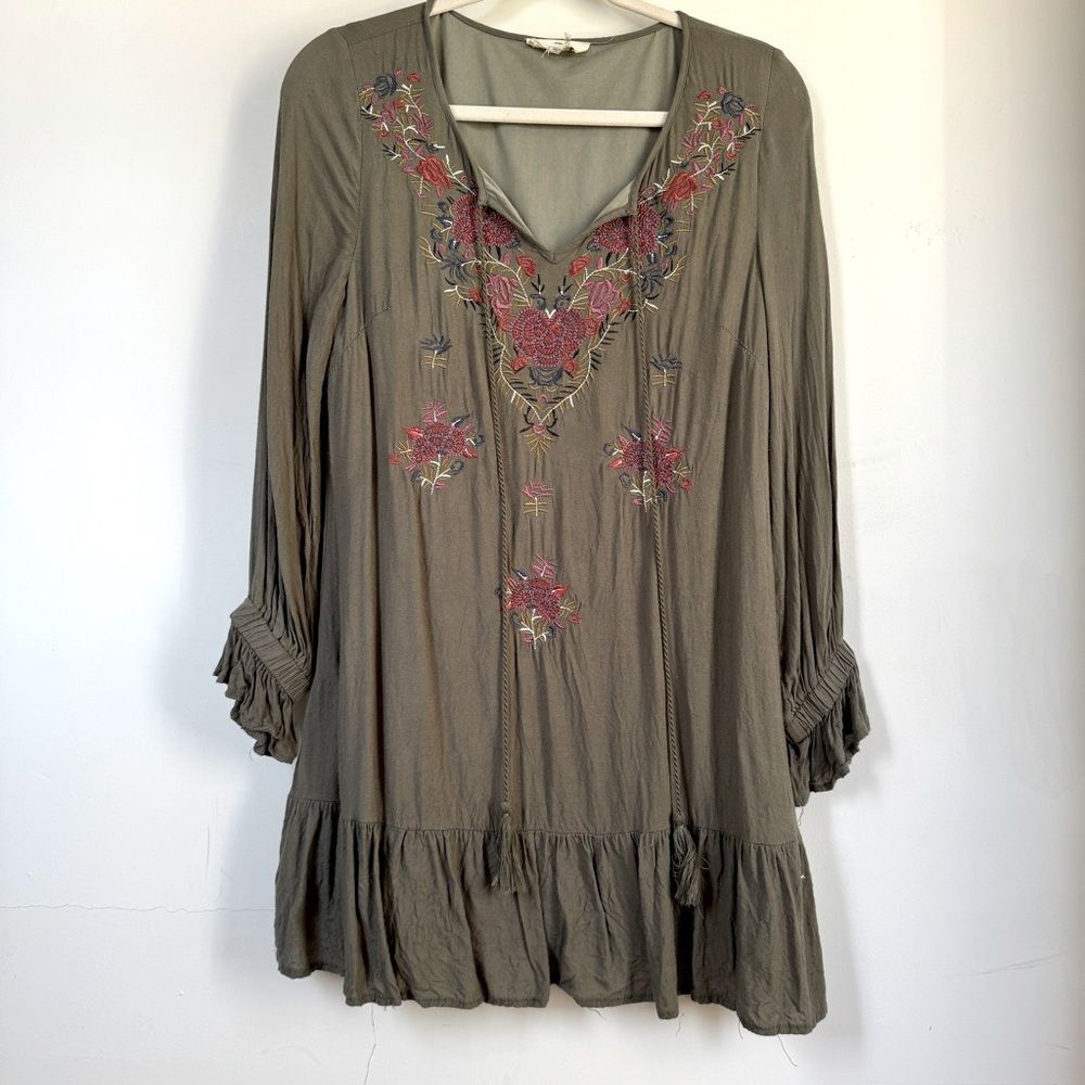 Entro Olive Green Embroidered Boho Dress - S